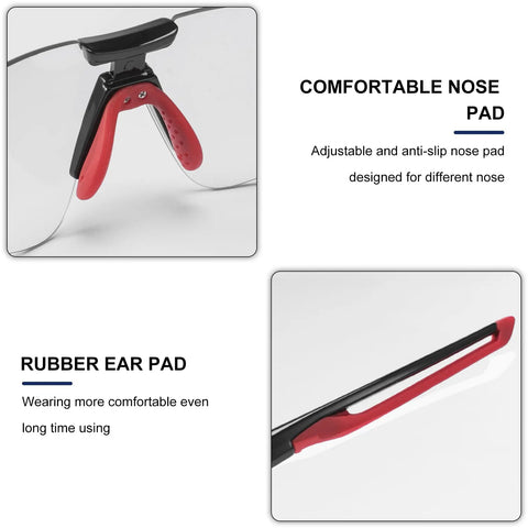 Close-up of red adjustable nose and ear pads on Photochromic Cycling Sunglasses For Men And Women, Frameless Bike Glasses With UV Protection