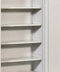 Extra Tall Lockable Metal Tool Cabinet With Two Doors Built Tough Heavy Duty Steel Construction Large Capacity Storage For Garage Workshop Basement Or Warehouse Keeps Tools Organized Safe And Easily Accessible. Open white steel cabinet shelves