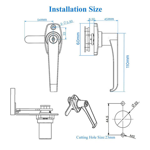 Installation size diagram of Built Tough L Shape Lever Door Locks For Cabinets Set Of Two Glossy Chrome Plated Zinc Alloy Cam Handles.