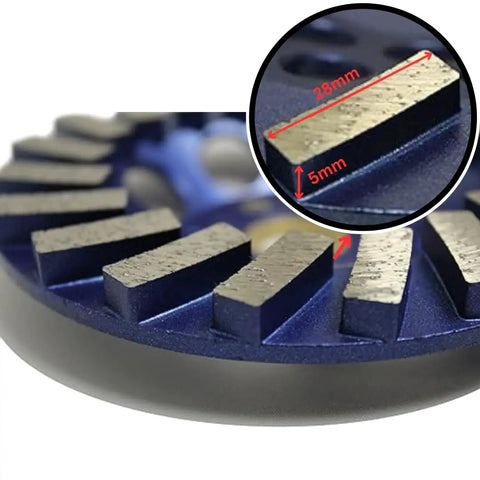 Turbo Concrete Grinding Cup Wheel 5 Inch 20 Segment With Threaded Arbor close-up showing 28mm width and 5mm thickness of segments.