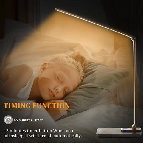Go-To Smart Desk Lamp With 10W Wireless Charger And USB Port illuminating a sleeping child, showcasing its eye friendly LED