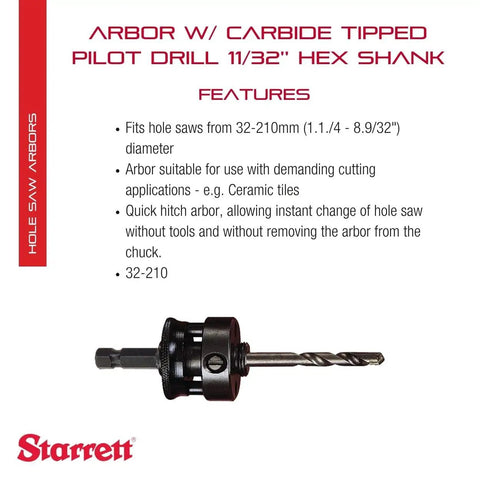 Heavy Duty Quick Hitch Hole Saw Arbor With 5/8-18 Screw Thread And 11/32 Inch Shank loaded with carbide tipped pilot drill.