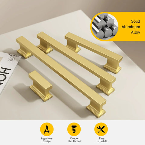 Gold Brushed Cabinet Handle Set Of 20 With Five Inch Center To Center Square Pulls displayed in solid aluminum on table