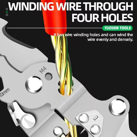 Close-up of 8 In 1 Wire Stripper With Voltage Tester Foldable Multifunction Pliers winding wire through holes.