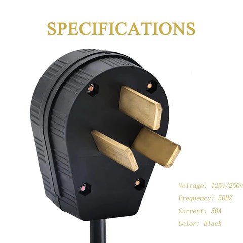 Heavy Duty Nema 10-50P Plug For Electric Dryer And Range 50 Amp 125 250 Volt Three Wire Power Connector close-up view of brass contacts.