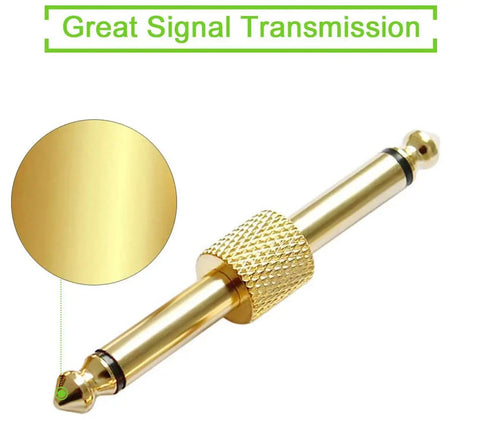Gold Plated 1/4 Inch Guitar Pedal Connectors 6 Pack, Male To Male Straight Plugs, Copper Build, Close-Up View