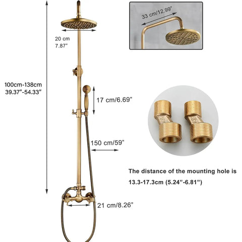 Diagram of Antique Brass Shower System with 8 Inch Rainfall Head and Handheld Spray, labeled dimensions, wall mounted fixtures.