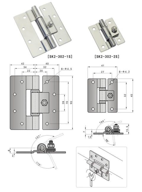 Diagram and measurements of Industrial Stainless Steel Door Friction Torque Hinge T Hinge SK2-302-1 S2S for heavy duty doors.