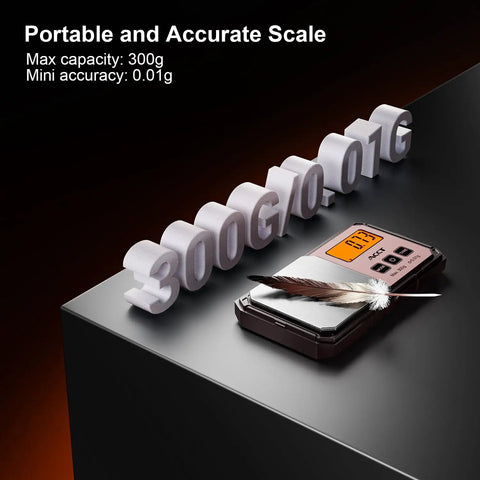 Digital Pocket Scale 300g To 0.01g High Precision Gram Scale with feather demonstrating accuracy on black surface