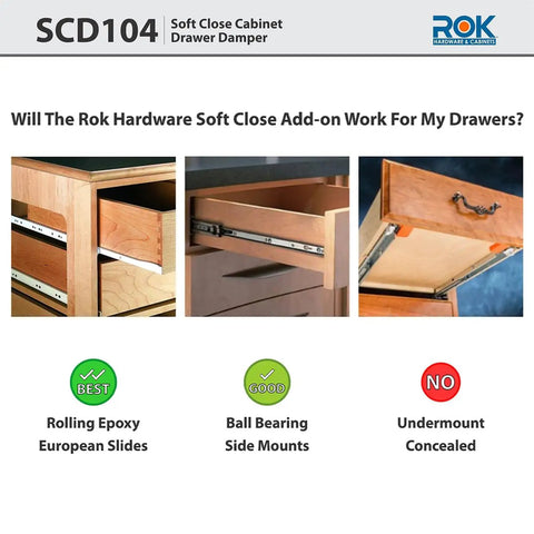 Comparison of drawer slide types for 2 Pack Soft Close Drawer Dampers For Wood Drawers, Drawer Adapter Add On Retrofit White Finish, SCD104W