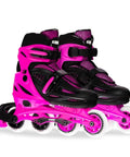 Bright pink Adjustable Inline Skates For Kids with Four Size Expansion, featuring urethane wheels and ABEC5 bearings, nylon boot.