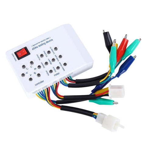 Heavy Duty Brushless Motor Tester For Electric Bikes And Scooters Delivers Dead Nuts Reliable Hall Sensor And Phase Winding Diagnostics With Quick Self Check showing device with colorful clips and buttons.