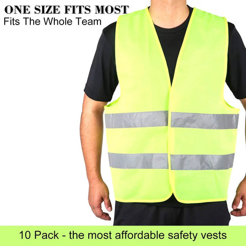 Person wearing High Visibility Safety Vest For Construction, Traffic, Running, Surveyors And Security Guards, neon yellow mesh, two reflective strips.