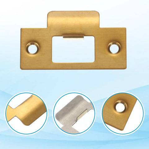 Gold finish stainless steel door strike plate with T cam block deadbolt latch reinforcement for exterior doors, pack of 4