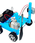 DIY toy car with Six Pack Mini DC Motors 0.5-3V 15000RPM, blue frame, four wheels, visible wiring and propellers