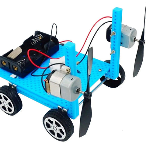 DIY toy car with Six Pack Mini DC Motors 0.5-3V 15000RPM, blue frame, four wheels, visible wiring and propellers