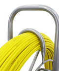 Close-up of the 4.5mm 350ft Fiberglass Duct Rodder Fish Tape With Steel Reel Stand For Easy Cable Runs, heavy-duty cable puller.