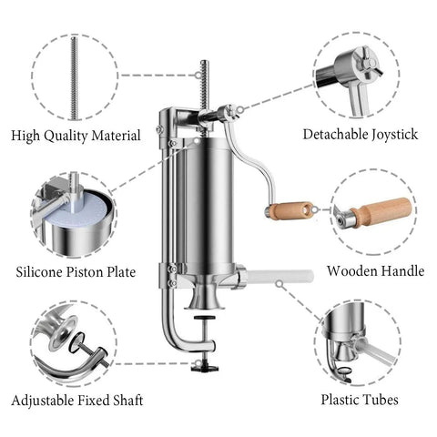 Stainless Steel Vertical Sausage Maker Filler With Suction Base And Manual Crank For Home Use Or Small Businesses No Batteries Needed Make Fresh Sausages And Hot Dogs At Home 2.5 Lbs Capacity showing components like wooden handle and silicone piston plate.