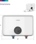 Super Compact 18 Kilowatt Electric Tankless Water Heater For Under Sink Setup With Endless Instant Hot Water and Built Tough Design dimensions showing front and side views with measurements.