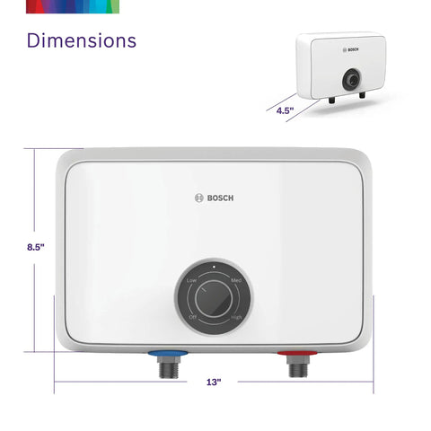 Super Compact 18 Kilowatt Electric Tankless Water Heater For Under Sink Setup With Endless Instant Hot Water and Built Tough Design dimensions showing front and side views with measurements.