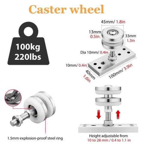 Heavy Duty Aluminum Sliding Door Track Kit For Bifold And Interior Partition Systems Featuring Knockout Durability And Silky Smooth Swivel Caster Rollers 10 Feet Long with adjustable height caster wheel.