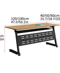 Heavy Duty Folding Training Table With Lockable Caster Wheels And Quick Flip Top Surface, wooden top with black steel legs, dimensions shown.