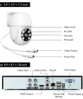Diagram of Outdoor Wired Security Camera System Kit with 4 Pan Tilt CCTV Cameras and DVR showing ports and connections, 360 view