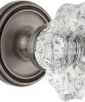 Soleil Rosette Privacy Door Lock With Biarritz Crystal Knob In Antique Pewter 2.375 Backset Solid Brass Build Pre Mounted Knobs