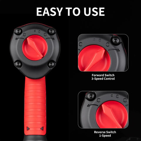 Close-up of Heavy Duty 1/2 Inch Air Impact Wrench showing user-friendly switches for speed control.