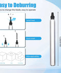 Diagram showing deburring tool with quick install swivel head and 12.8cm handle for 3D printing and metal work.