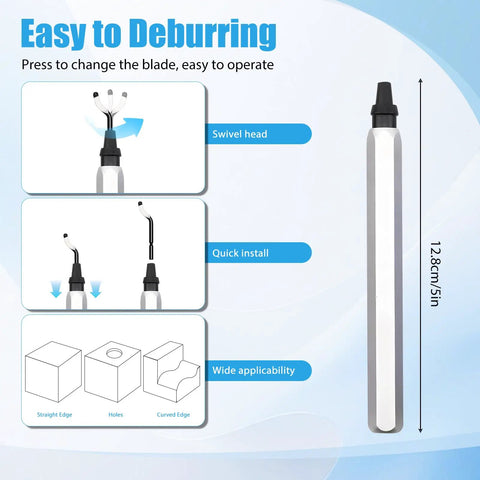 Diagram showing deburring tool with quick install swivel head and 12.8cm handle for 3D printing and metal work.