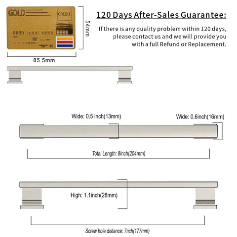 Diagram of 10 Pack Brushed Satin Nickel Cabinet Pulls 7 Inch Hole Centers Kitchen Cabinet Handles Hardware dimensions.