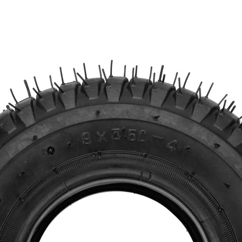 Close-up of 9x3.50-4 tire tread for Mini ATV Quad Go Kart Heavy Duty Petrol Electric Gas Skateboard Scooter with bent valve stem