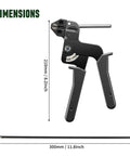 Stainless Steel Cable Tie Gun with 200 Heavy Duty 304 Stainless Zip Ties for Fence Repair and Vehicle Exhaust, dimensions shown