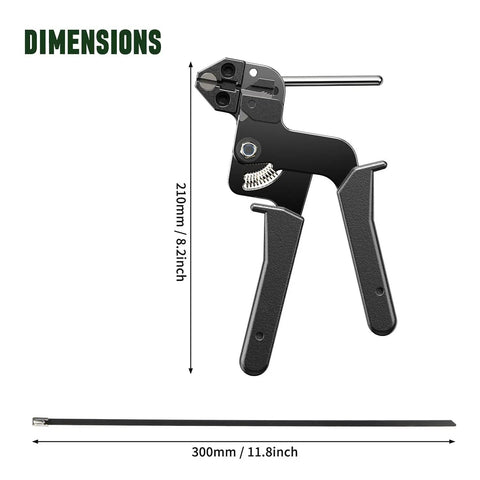Stainless Steel Cable Tie Gun with 200 Heavy Duty 304 Stainless Zip Ties for Fence Repair and Vehicle Exhaust, dimensions shown