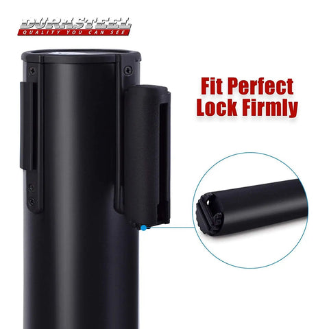 Close-up of black post from Metal Stanchion Set With 6.5 Ft Retractable Belts For Queues And Lines Rust Resistant Crowd Control Barriers