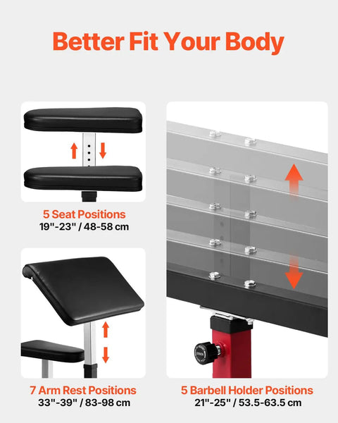 Heavy Duty Preacher Curl Bench For Home Gym Setup showing adjustable seat, armrest, and barbell holder positions for customization.