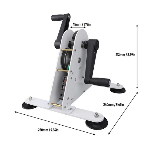 Side view of 50W Pedal Generator Hand Crank Power Bank with 2 USB Fast Charging Ports, showing dimensions and metal gears.