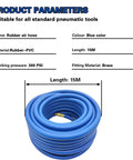 No BS 3 8 Inch Air Compressor Hose 50 Feet Long With Flexible Hybrid Rubber Build For Kicking Out Oil And Abrasion Issues Plus Being Weather Proof For Outside Use And Brass 1 4 MNPT Connectors Attaching To Any Tool You Got For Gritty Work. Blue coiled rubber-PVC air hose, 15M, 300 PSI, brass fittings