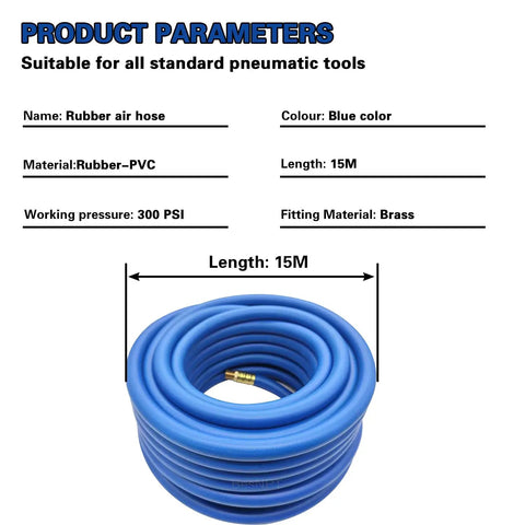 No BS 3 8 Inch Air Compressor Hose 50 Feet Long With Flexible Hybrid Rubber Build For Kicking Out Oil And Abrasion Issues Plus Being Weather Proof For Outside Use And Brass 1 4 MNPT Connectors Attaching To Any Tool You Got For Gritty Work. Blue coiled rubber-PVC air hose, 15M, 300 PSI, brass fittings