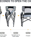 Heavy Duty 300 Lb Folding Director Chair With 2 Way Rotating Side Table setup steps showing opening process in three stages