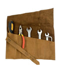 Six Slot Leather Tool Roll Up Bag For DIYers in Bourbon Brown with tools inside