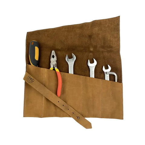 Six Slot Leather Tool Roll Up Bag For DIYers in Bourbon Brown with tools inside