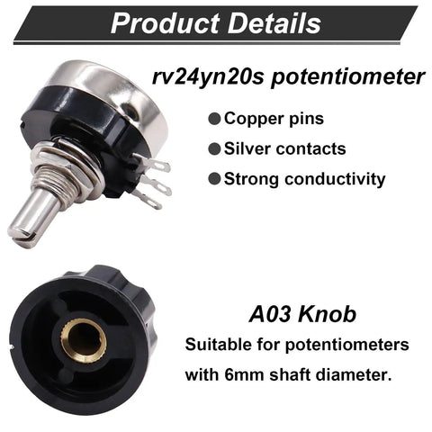 RV24YN20S B502 5K Ohm Single Turn Rotary Potentiometer and A03 knob for inverter speed control with copper pins and silver contacts