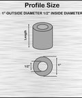 Built Tough Mild Steel Spacer One Inch Outer Diameter Round Standoff Bushing Unthreaded Plain Finish Inside Diameter One Half Inch Fits Half Inch Bolts Or M12 Half Inch Long Five Pack For Durable Metalwork And DIY Hardware Projects diagram showing 1-inch OD, 1/2-inch ID