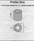 Steel spacer, 1 in OD x 1/2 in ID; unthreaded standoff with plain finish (top and side views).