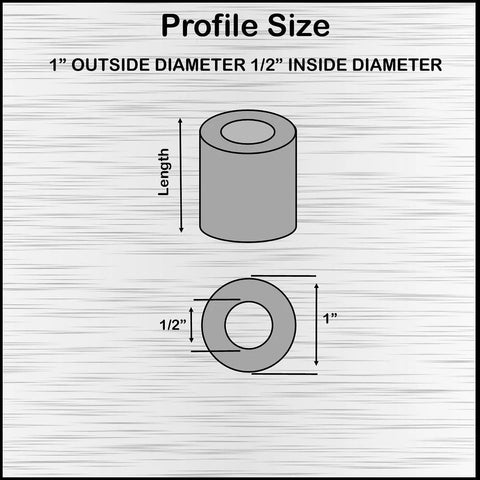 Steel spacer, 1 in OD x 1/2 in ID; unthreaded standoff with plain finish (top and side views).