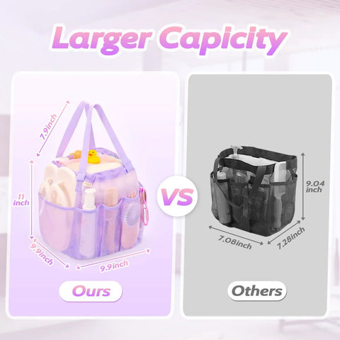 Comparison of Mesh Shower Caddy With Drawstring Closure Portable Organizer for size and capacity for bathroom essentials.