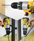 Cordless Drill Driver Half Inch Chuck, Two Speed Modes, 25+3 Clutch, 798 In-Lbs Torque in use on wood and metal surfaces