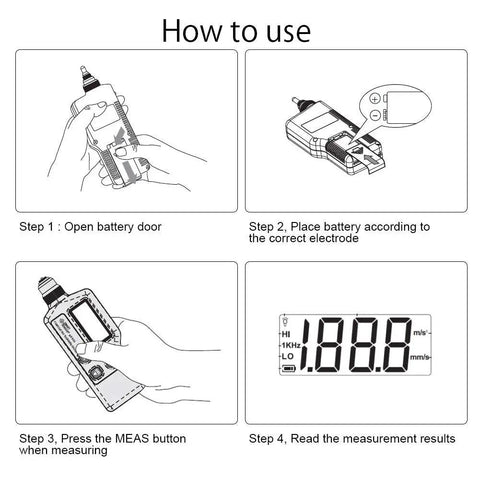 Handheld Vibration Meter With LCD Readout Digital Vibration Tester And Analyzer For Home And Tech Repair Measures Acceleration Velocity And Displacement Portable Vibrometer For Machinery Diagnostics And Maintenance use guide, battery steps, LCD display